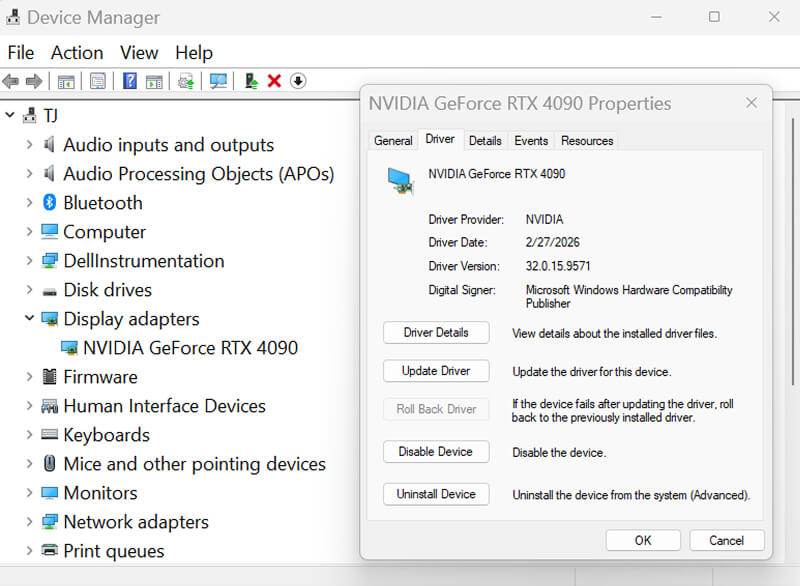 A screenshot showing how to roll back a GPU driver in Device Manager on Windows.