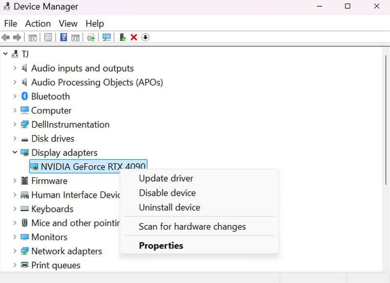 A screenshot showing how to update a GPU driver in Device Manager on Windows.