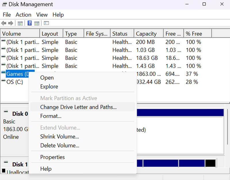 A screenshot showing the location of the option to change drive letters in Disk Management.