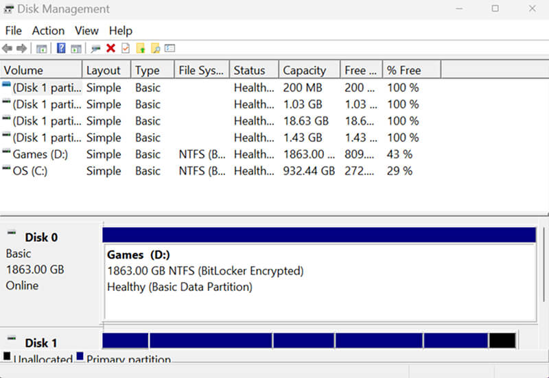 A screenshot of the main screen in Disk Management on Windows.