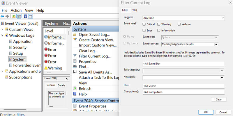 A screenshot showing the location of Memory Diagnostic results in Event Viewer on Windows.