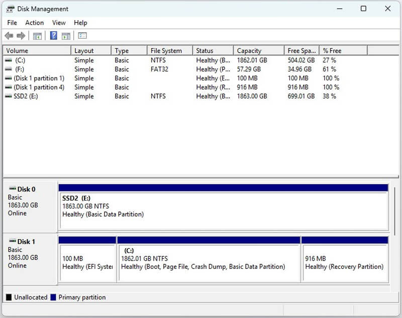 A screenshot of Disk Management on Windows.