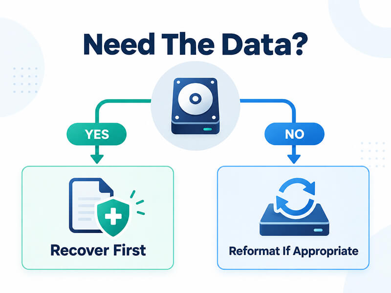 An infographic showing whether to recover data from the G-DRIVE or reformat the device.