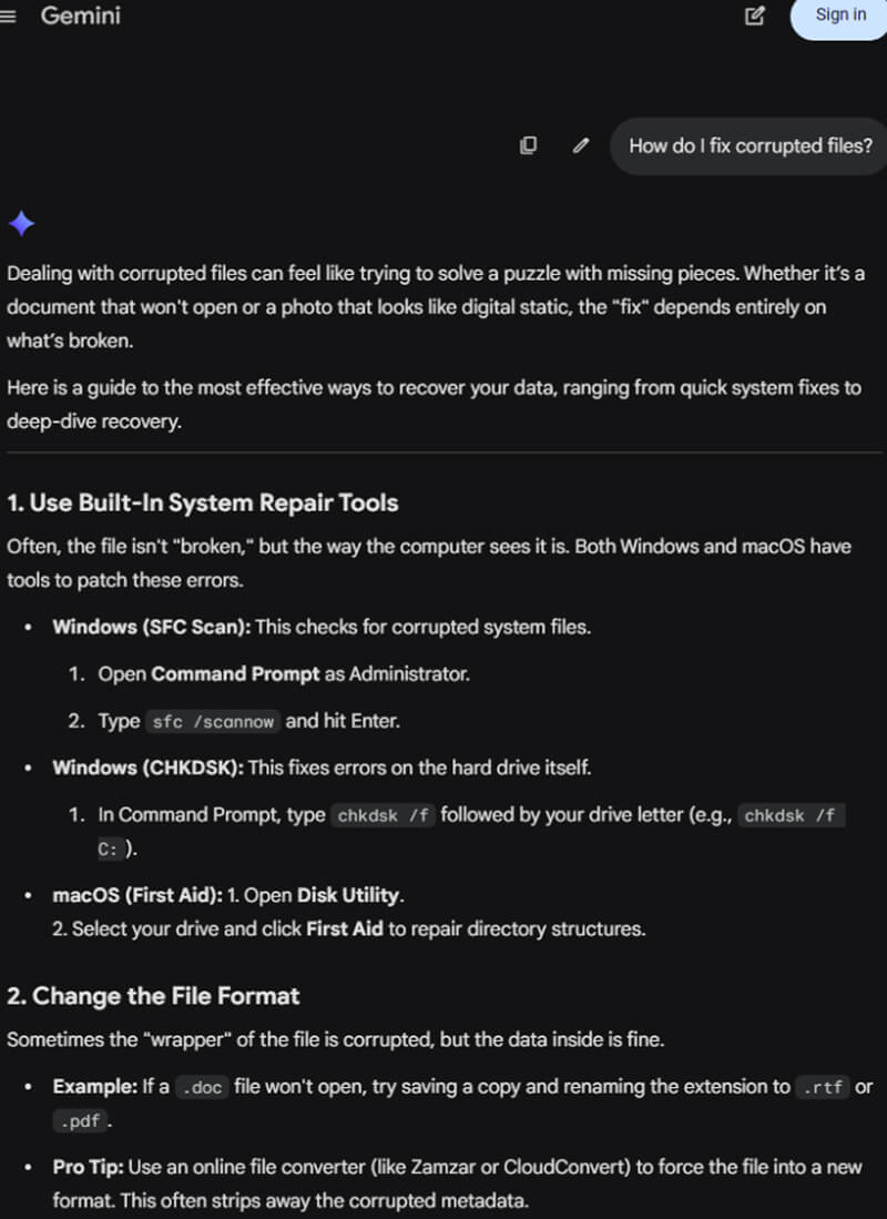 A screenshot of Gemini guiding users to run CHKDSK and First Aid to repair corrupted files.