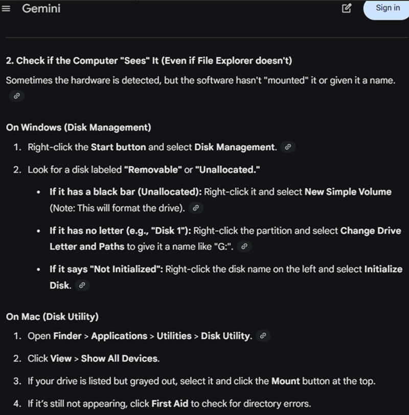 A screenshot of Gemini suggesting users format an external hard drive that is not showing up.