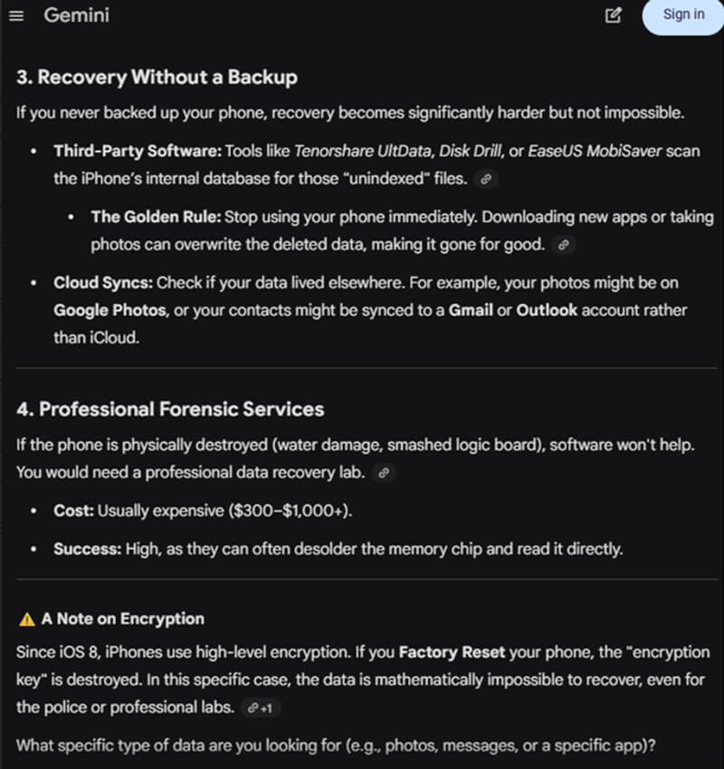 A screenshot of Gemini promoting third-party software for iPhone data recovery.