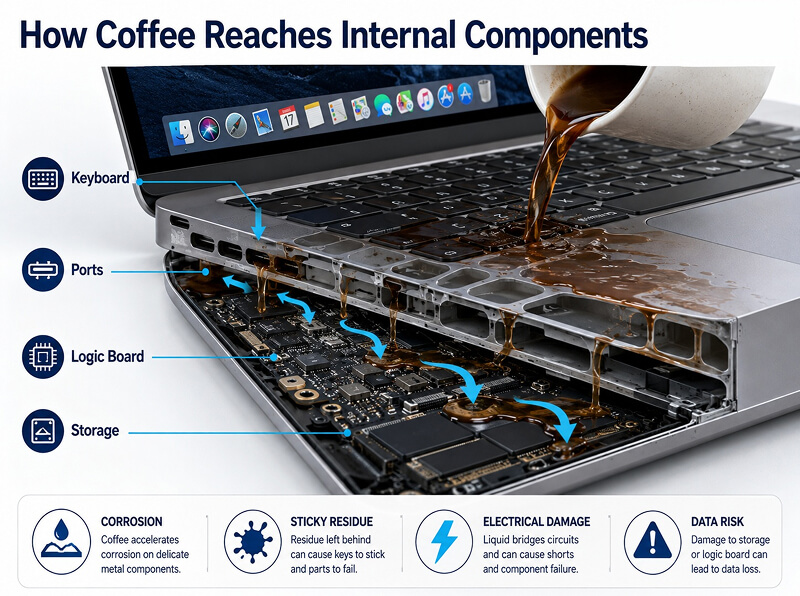 A diagram showing how coffee reaches and corrodes the internal components of a MacBook after a spill.