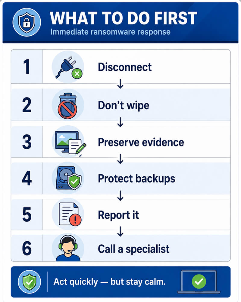 An incident response checklist after a ransomware attack.