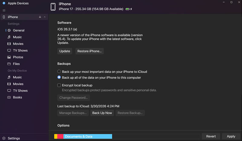 A screenshot of the General settings in the Apple Devices app on Windows.