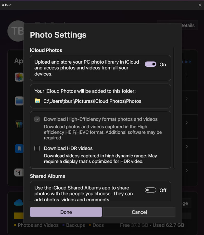 A screenshot of the iCloud Photos settings in iCloud for Windows.
