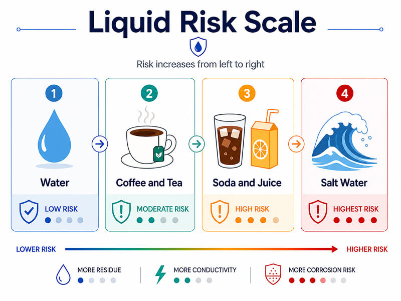 An infographic showing how the type of liquid changes the risk of damage and data loss.