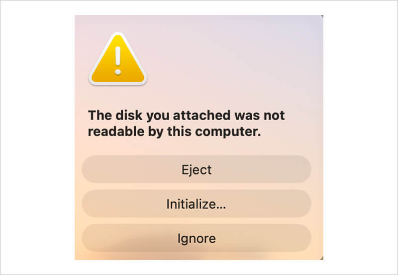 A screenshot of macOS prompting users to Eject, Initialize, or Ignore an unreadable disk.