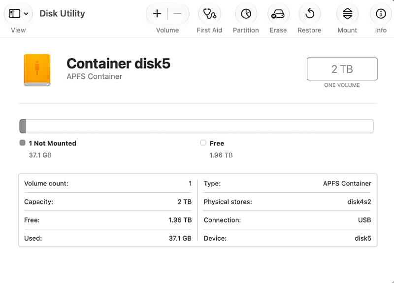A screenshot showing how to mount a volume in Disk Utility on Mac.