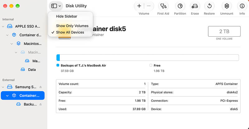 A screenshot displaying how to show all devices in Disk Utility on Mac.