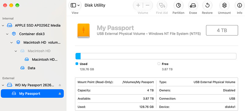 A screenshot showing a read-only mount point in Disk Utility on Mac.