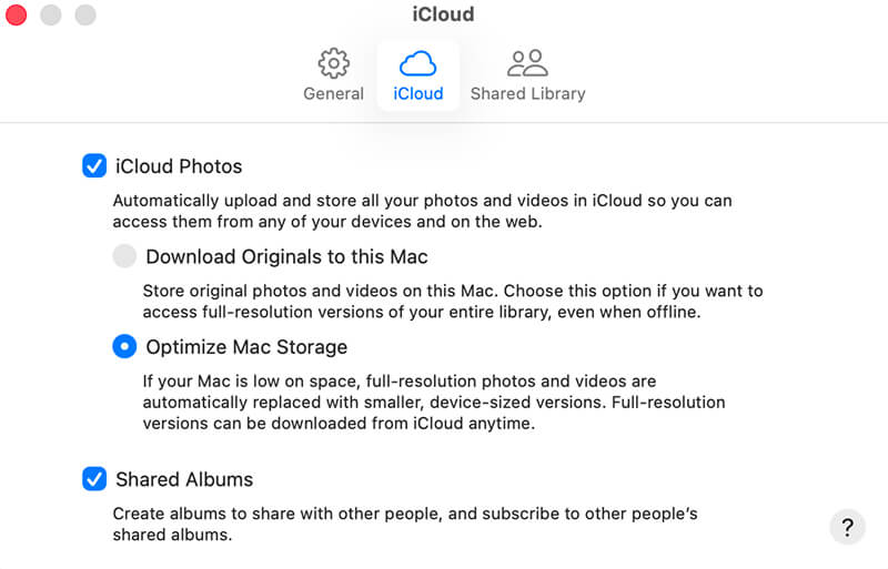 A screenshot of the iCloud Photos settings in the Photos app on Mac.