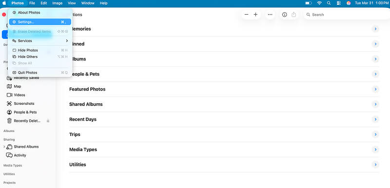 A screenshot of the menu bar in the Photos app on Mac.