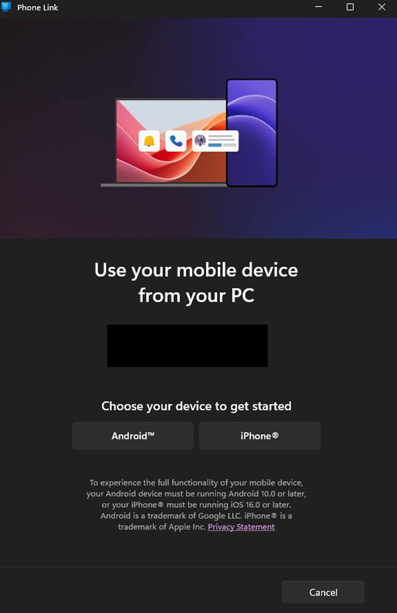 A screenshot of the Microsoft Phone Link main screen.