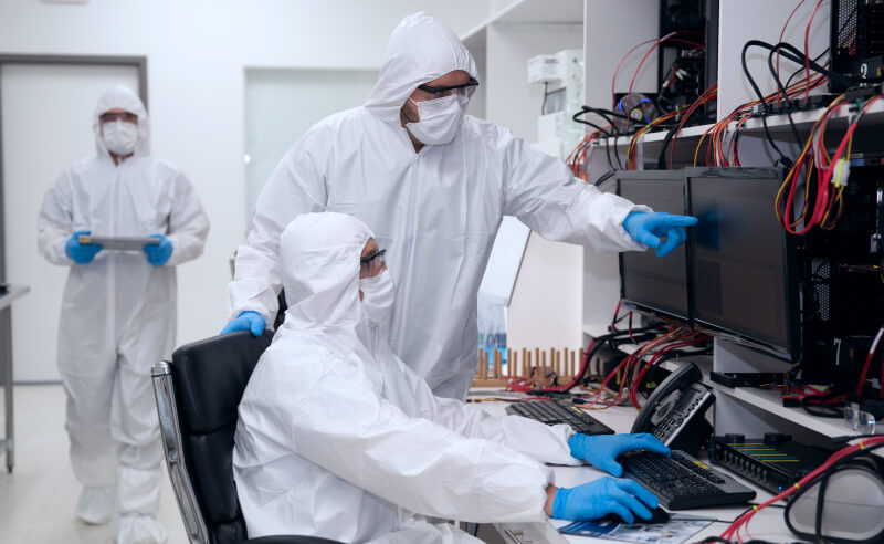 An image of data recovery engineers working in a certified cleanroom.