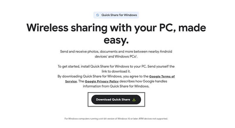 A screenshot of the Quick Share for Windows main screen.
