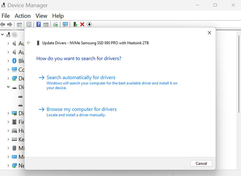 A screenshot showing how to search automatically for SSD drivers in Device Manager.