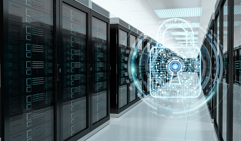 A digital lock in a server room signifies the concept of secured data in the cloud.