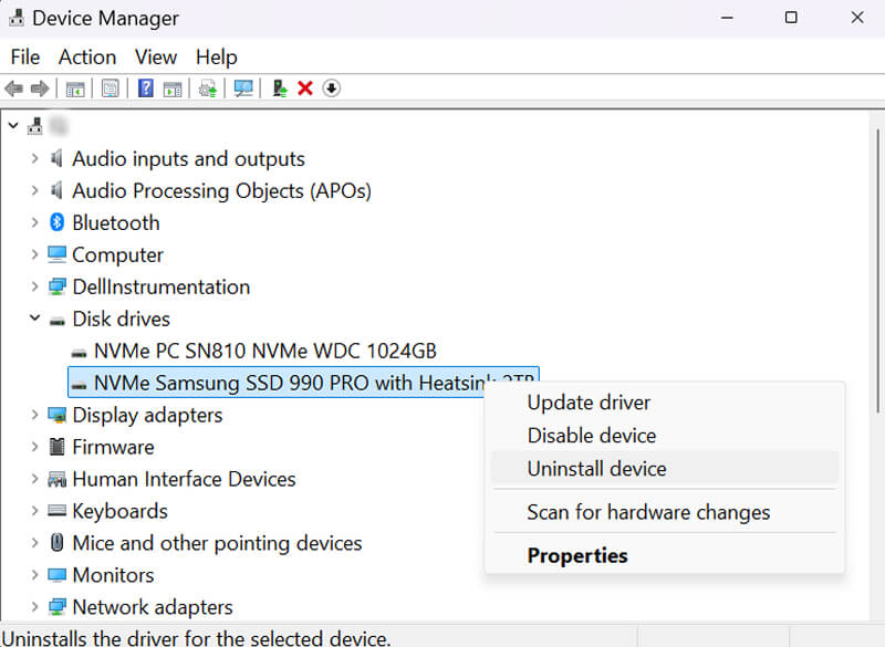 A screenshot showing how to uninstall SSD drivers in Device Manager.