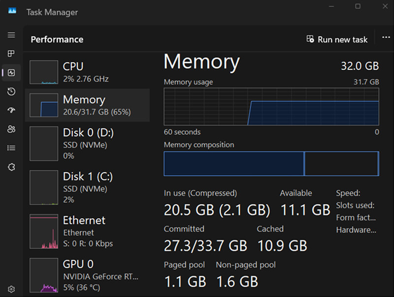 A screenshot showing Memory performance in Task Manager on Windows.