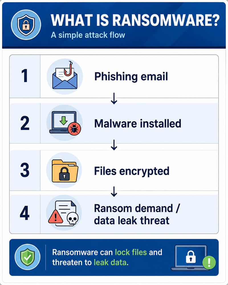 An infographic showing the flow of a ransomware attack.