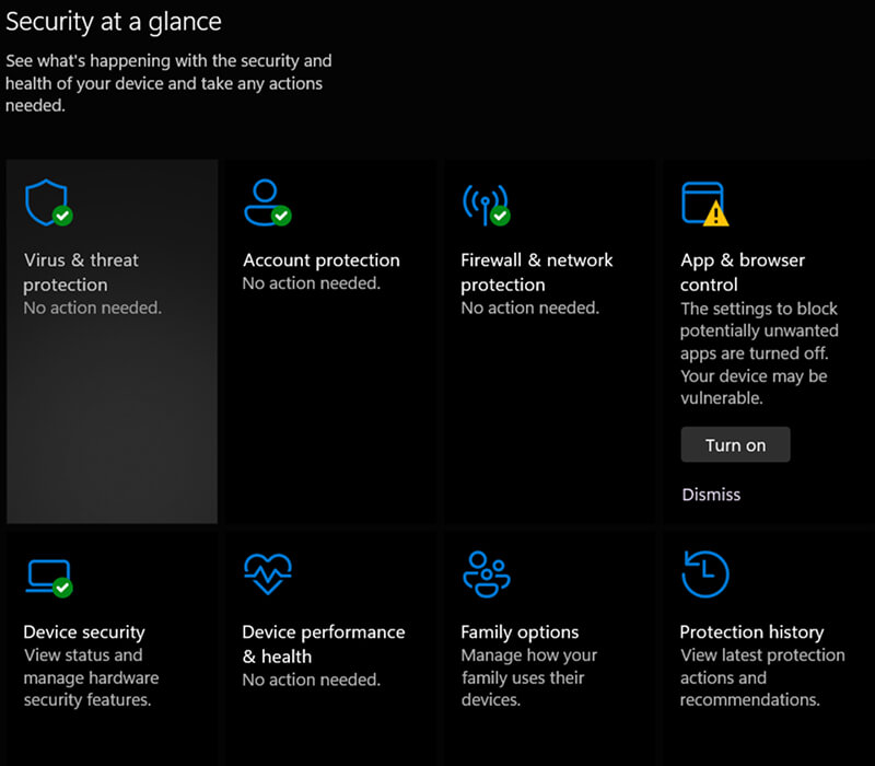 A screenshot showing the main screen for Windows Security.