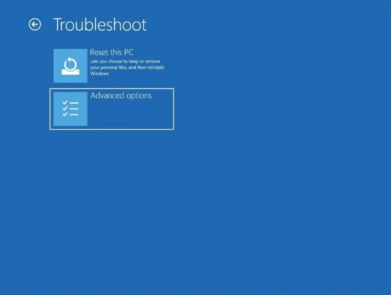 A screenshot showing the location of Advanced options in the Windows Recovery Environment.