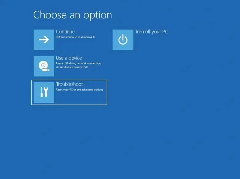A screenshot showing the Troubleshoot option in the Windows Recovery Environment.