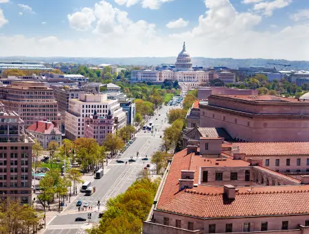 Panorama from above of pennsylvania ave and US capitol building
