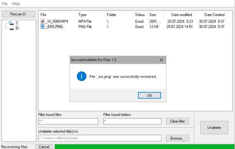 A screenshot showing the successful recovery of deleted files with SecureRecovery® Undelete.